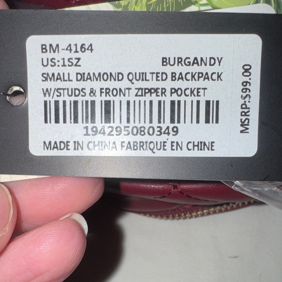 Badgley Mischka Burgundy Quilted Mini Backpack with Gold Accents - Picture 5 of 12